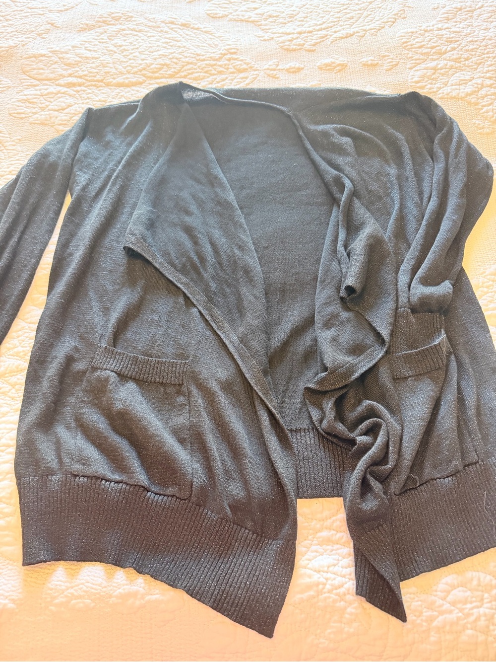Black Open-Front Women's Cardigan Sweater with metallic threads woven in